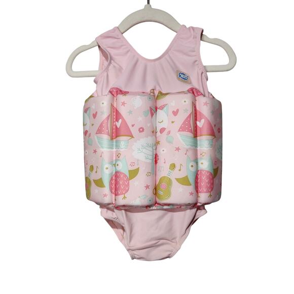 Splash About Baby Girl Sz 1-2 Years Float Suit Pink Owl Cat Swimsuit Life Jacket - Picture 1 of 5